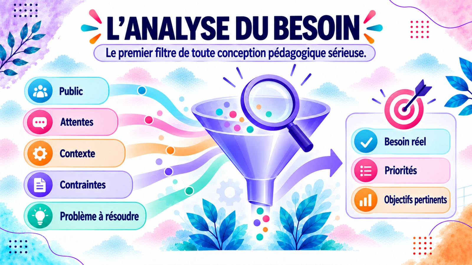 L'analyse du besoin de formation : public, attentes, contexte, contraintes → besoin réel, priorités et objectifs pertinents.