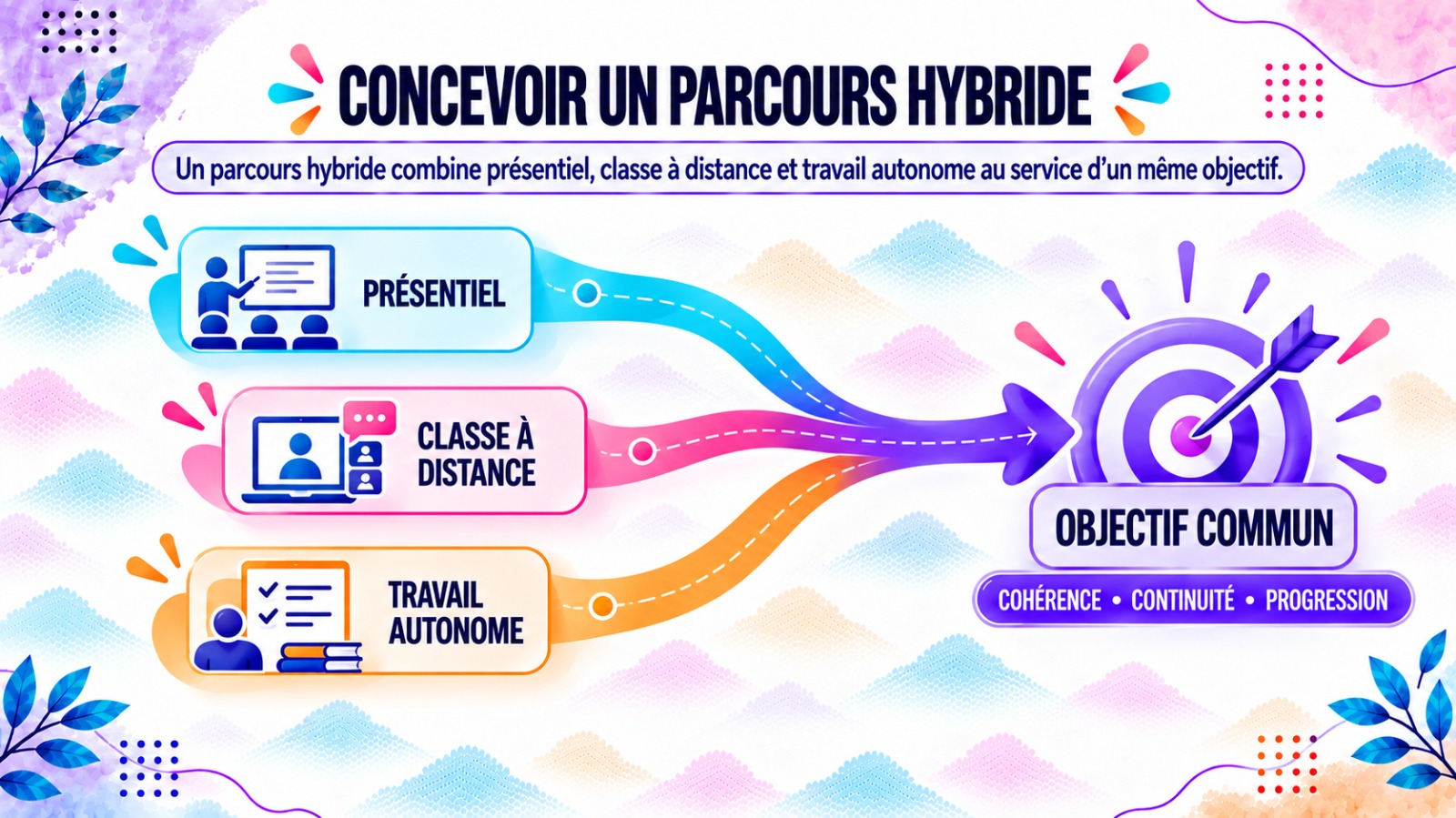 Concevoir un parcours hybride : présentiel, classe à distance et travail autonome au service d'un même objectif.