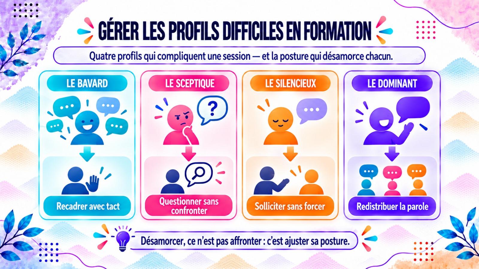 Gérer les profils difficiles en formation : le bavard (recadrer avec tact), le sceptique (questionner sans confronter), le silencieux (solliciter sans forcer), le dominant (redistribuer la parole).